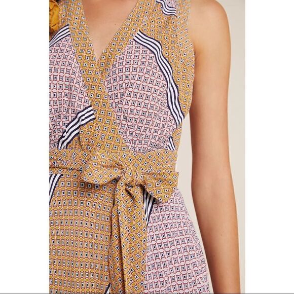 NEW Anthropologie Maeve Carla Pink Geometric V-Neck Wrap Tie Mini Dress Size 12 - Picture 4 of 8